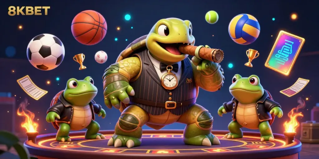 Engage with 8KBET's thrilling casino atmosphere featuring a snapping turtle mobster and bullfrog enforcers.