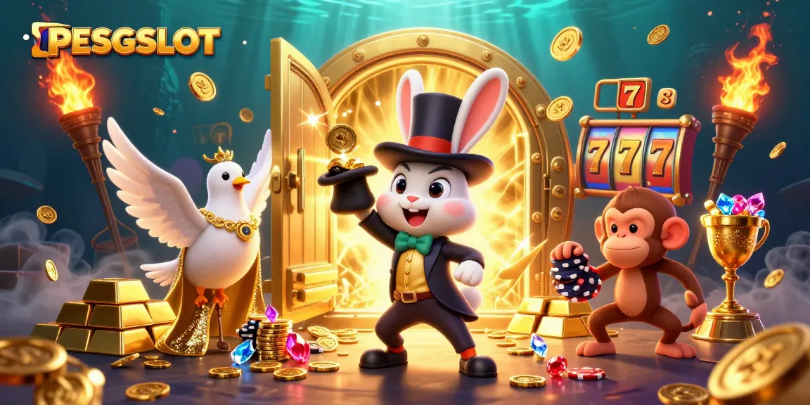 PESGSLOT features a captivating scene with a magician rabbit and golden treasures, representing thrilling gaming.