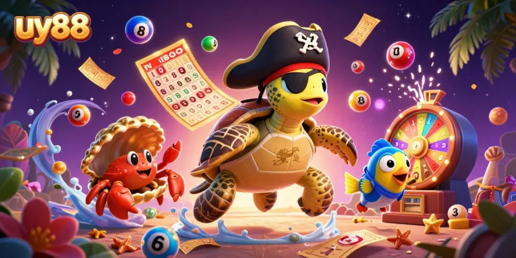 Experience thrilling gaming action at uy88 with vibrant visuals of a treasure-seeking turtle and engaging game elements.