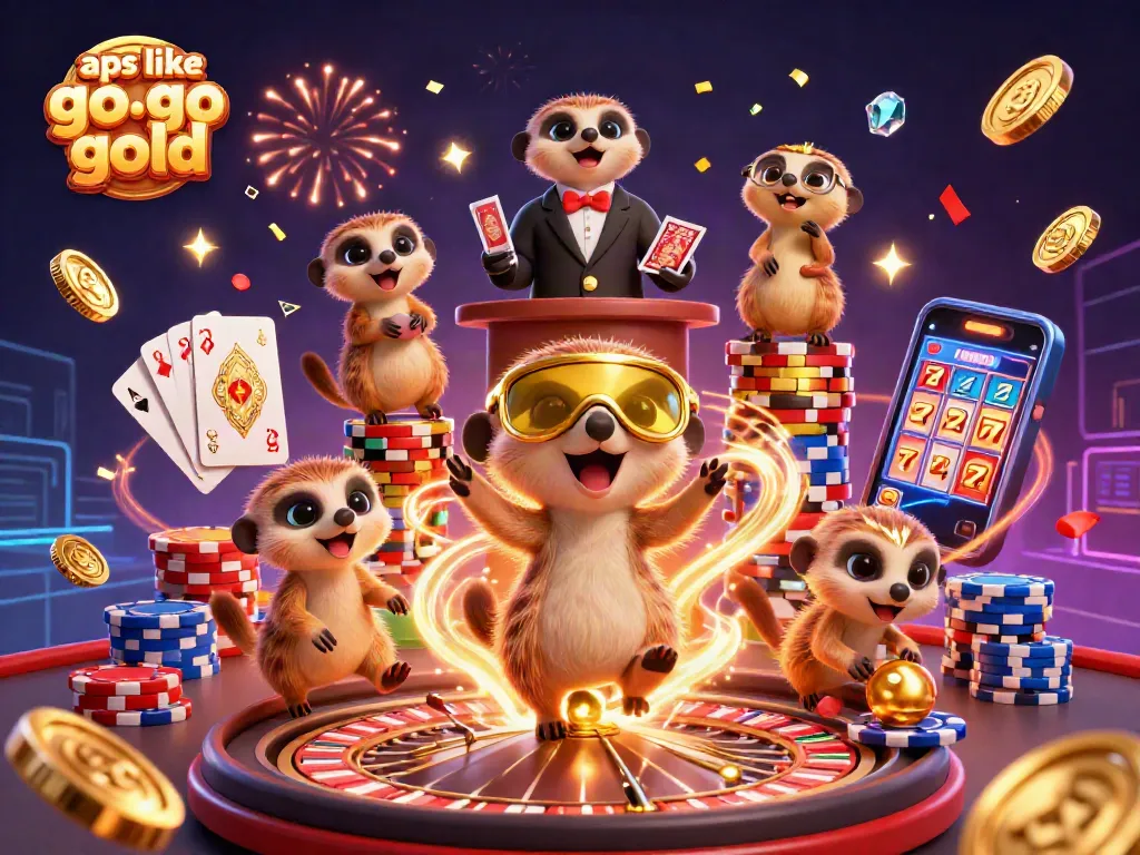 Play exciting games like Go Go Gold with our vibrant casino-themed illustration featuring animated meerkats.