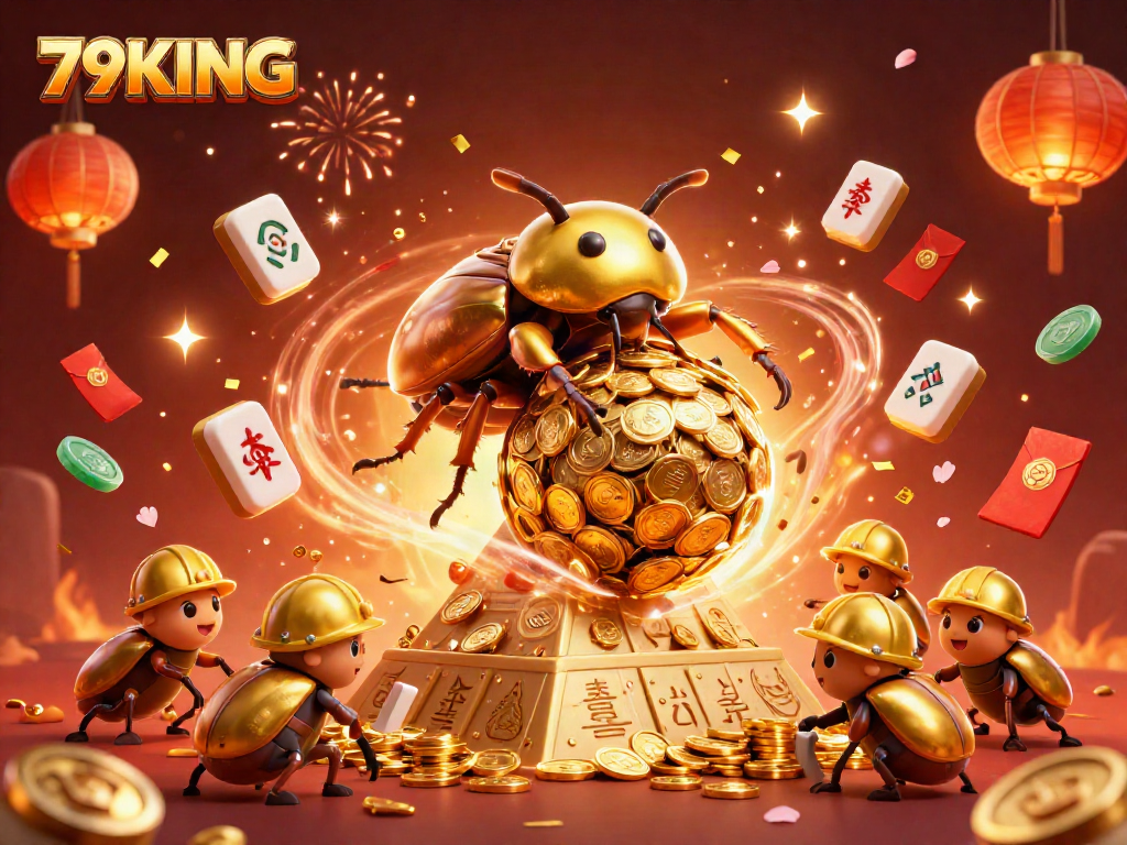 Experience the thrill of 79KING’s casino world with festive golden beetles and vibrant elements.