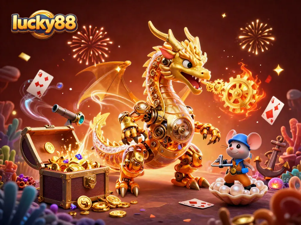 Experience exciting gameplay at lucky88 with a golden dragon and treasure bursting with gems and coins.