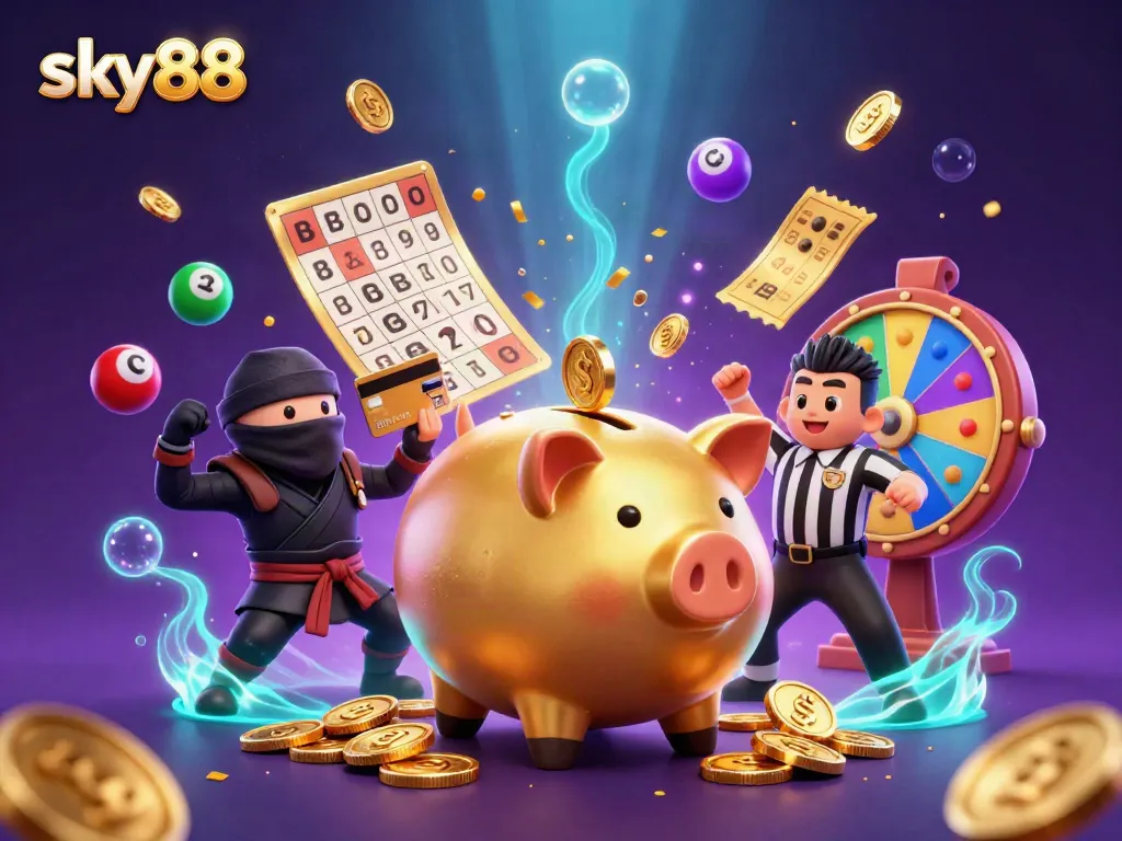 Engage in thrilling gaming at sky88 with a lively scene of cartoon characters and casino elements.