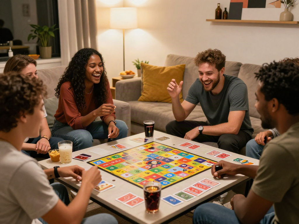 Friends enjoying fun sex games during a lively game night, surrounded by snacks and drinks.
