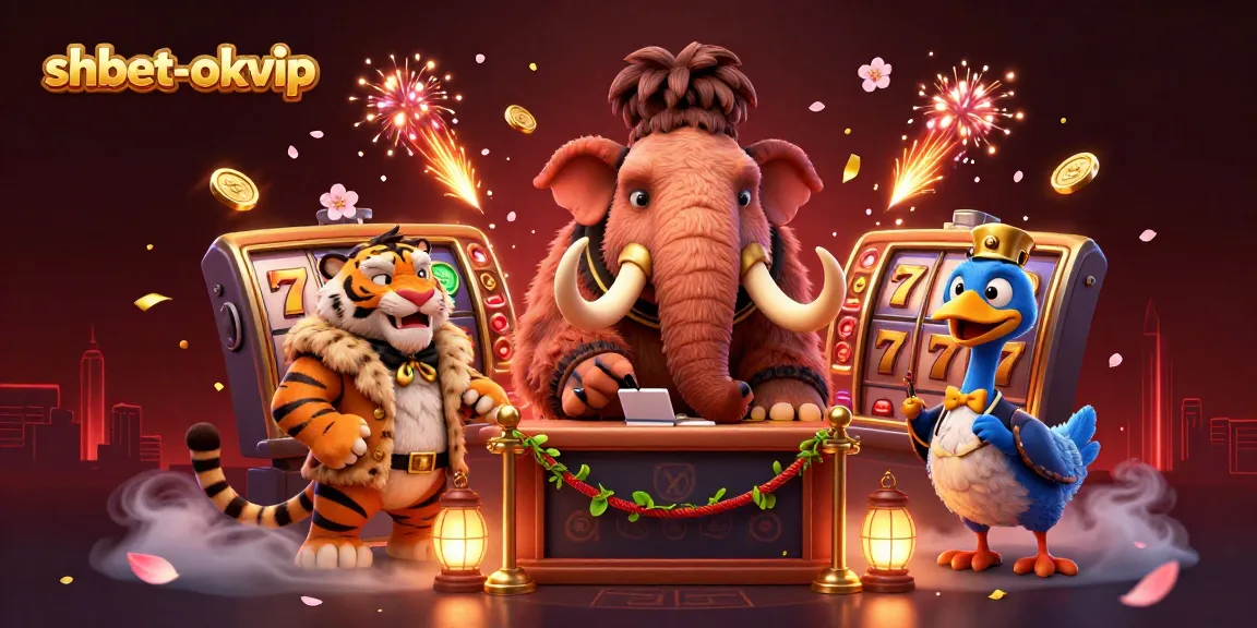 Engage in thrilling gaming at shbet-okvip with a vibrant casino scene featuring a woolly mammoth bouncer and VIP tiger.