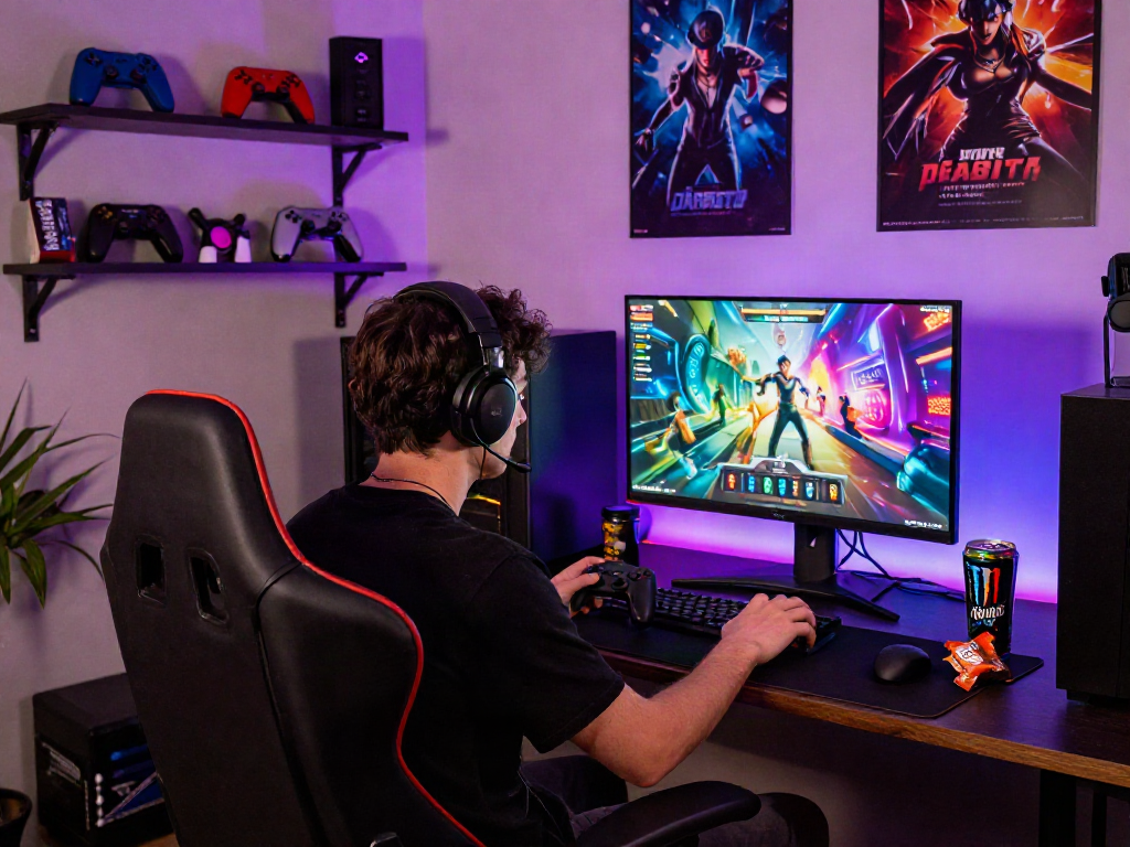 Engaged gamer enjoying porngames in a vibrant gaming studio setup with colorful graphics.