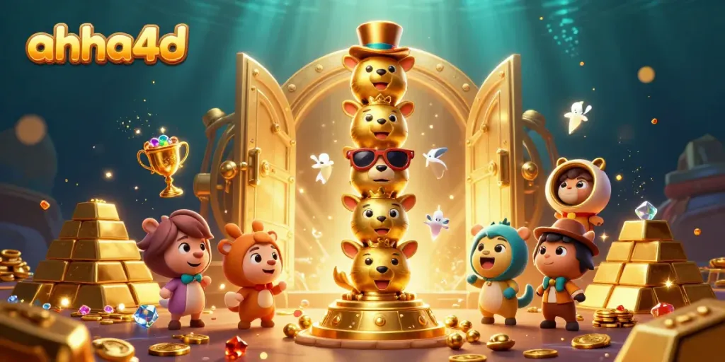 Experience excitement with ahha4d's 3D casino totem, surrounded by dazzling treasures and gems
