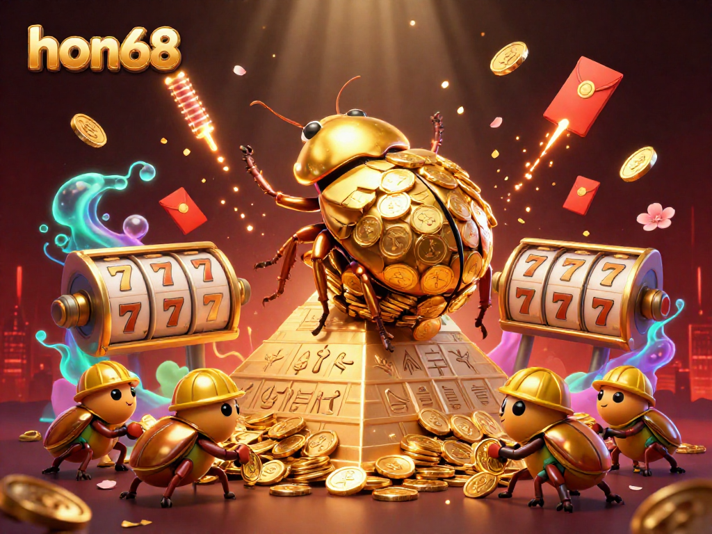 Join hon68 in an exhilarating adventure of slots with golden treasures and vibrant casino elements!