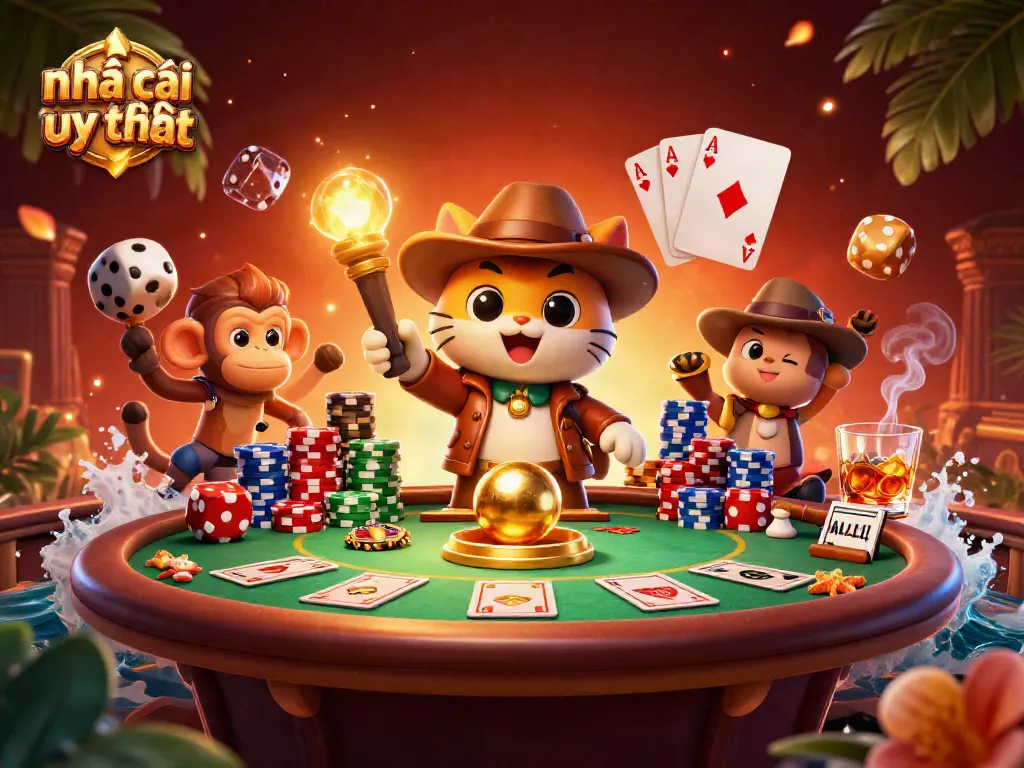 Engage with Nhà cái uy tín as the archaeologist cat uncovers casino treasures in a vibrant scene.