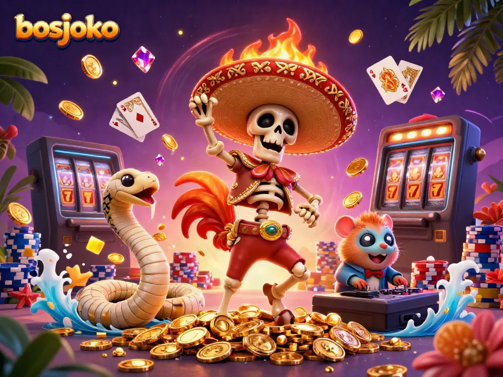 Experience thrilling games with bosjoko as a mariachi rooster celebrates amidst coins and roulette.