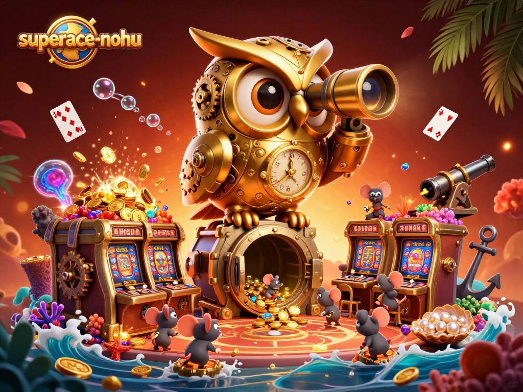 Experience thrilling gameplay at superace-nohu with a whimsical illustration of a clockwork owl and vibrant casino elements.