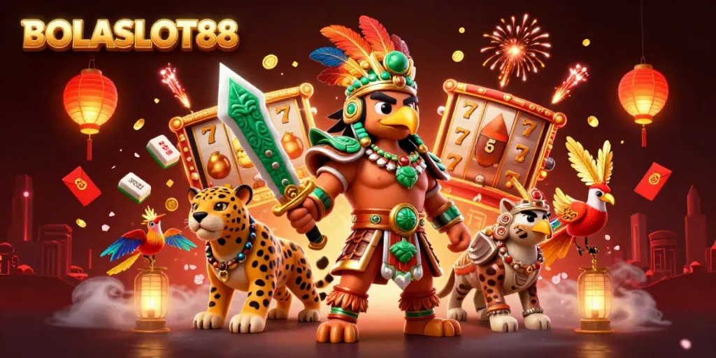 BOLASLOT88 showcases an Aztec warrior, jaguar companion, and vibrant slot reels in a dynamic, colorful scene.