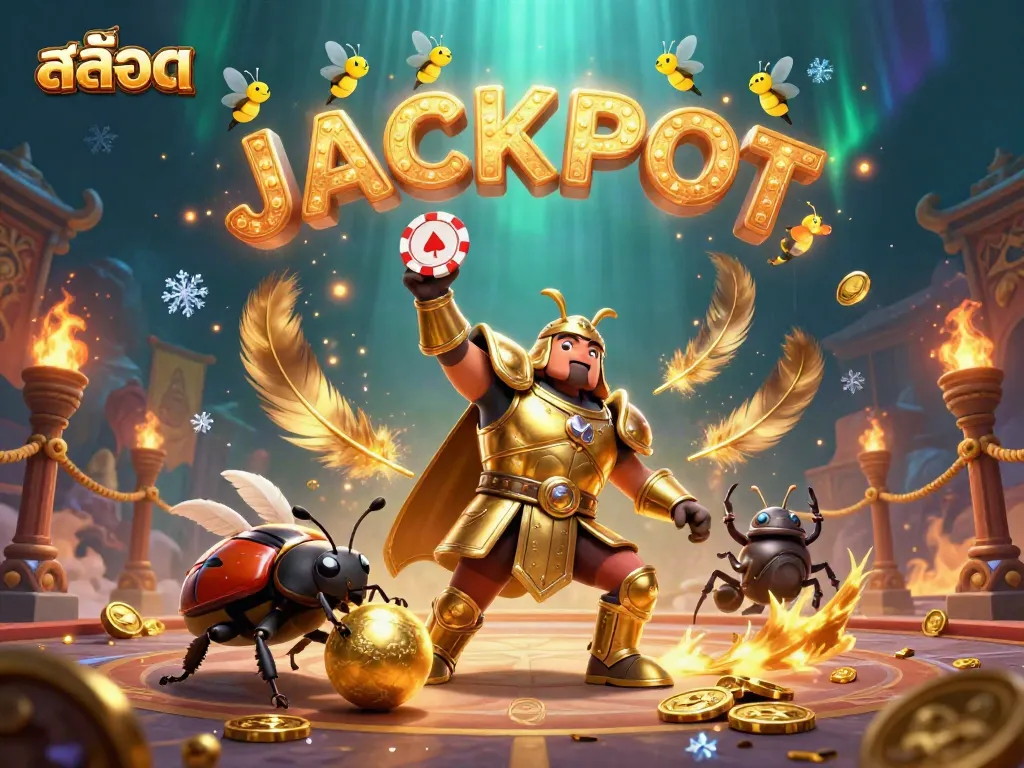 Engage in thrilling gameplay as สล็อต symbols illuminate a vibrant casino scene with beetle characters.