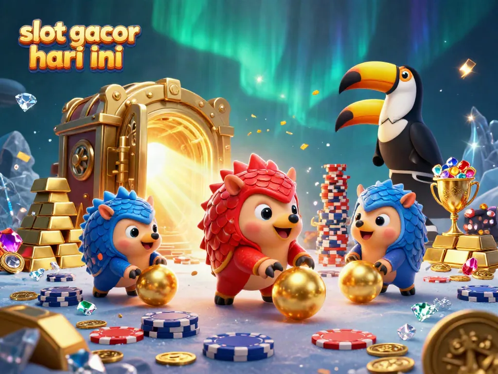 Engage with slot gacor hari ini as rival pangolins score big, surrounded by treasures and vibrant casino elements.
