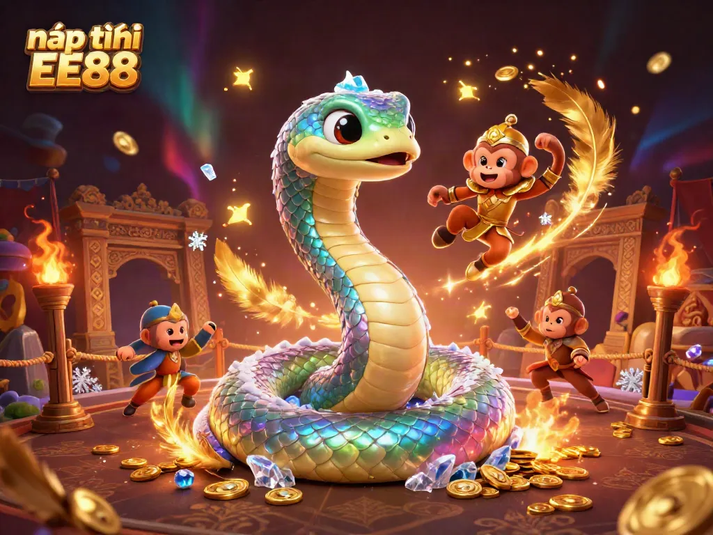 nạp tiền EE88 with a colorful serpent and monkey king in an energizing casino scene filled with dynamic elements