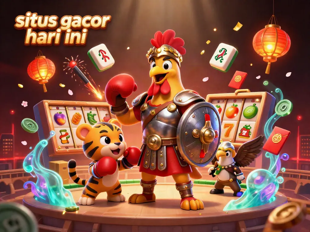 Gambarlah suasana kasino dengan situs gacor hari ini yang meriah, memperlihatkan karakter lutut gladiator simbol keberuntungan.
