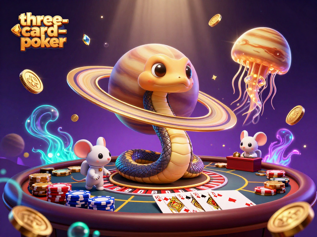Engage in thrilling three-card-poker action with dynamic cosmic dealer and vibrant poker visuals.