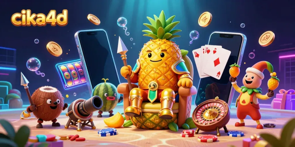 Engaging scene of the cika4d casino experience with vibrant cartoon characters and dynamic gaming elements.