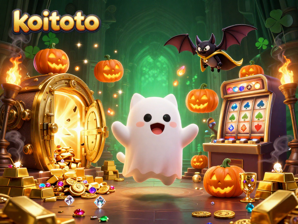 Menangkan permainan slot gacor dengan koitoto, sambil dikelilingi harta karun dengan efek cahaya menarik.