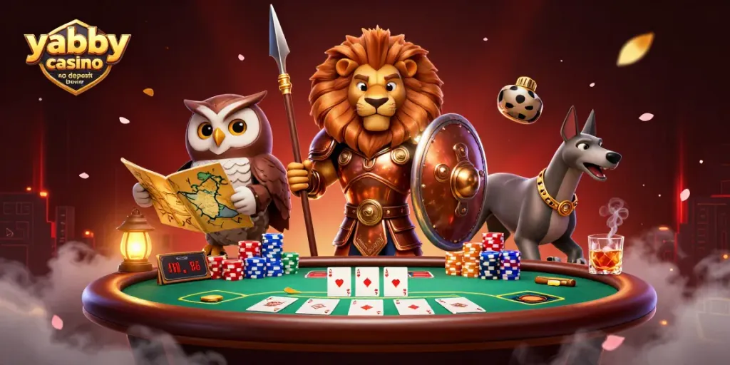 Win big with yabby casino no deposit bonus by exploring exclusive promotions alongside energetic characters in a vibrant casino setting.