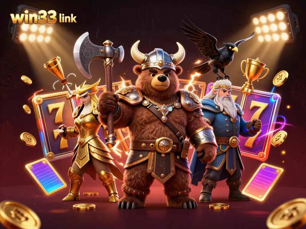 Engaging scene featuring the win33 link brand with a Viking bear, Valkyrie eagle, and dynamic casino elements.