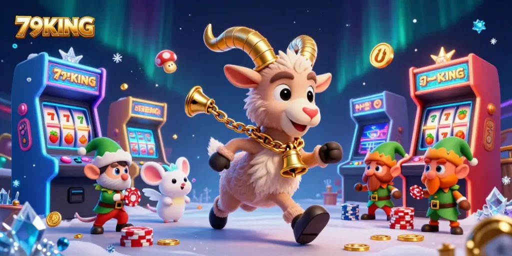 Win big with 79KING in a vibrant casino scene featuring Krampus and elves.