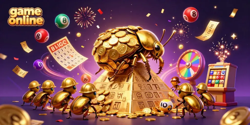 Explore exciting game online adventures with vibrant illustrations of beetles and casino symbols.