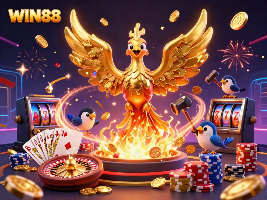 Experience the WIN88 excitement with golden phoenix and casino elements in a lively 3D scene.