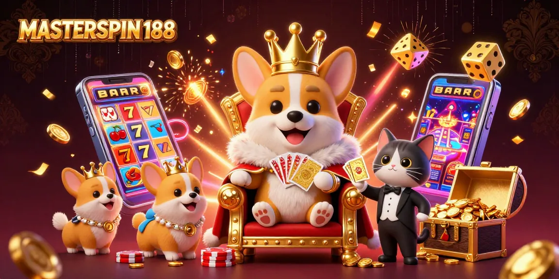 Experience the thrill of MASTERSPIN188 with a royal corgi and vibrant casino elements.