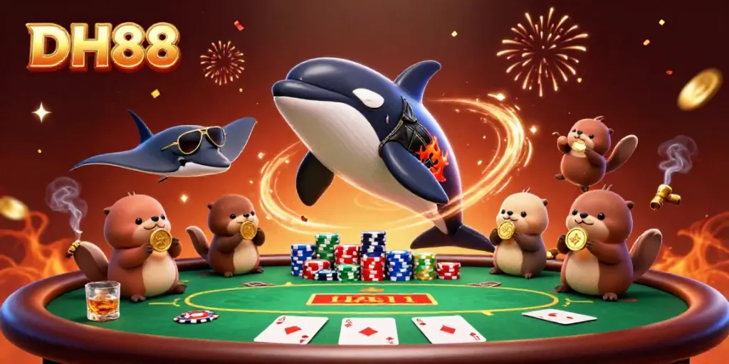 Engage with DH88's exciting gaming experience featuring playful characters and vibrant casino elements.