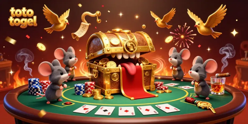 Engaging illustration of the treasure chest and mice in a dynamic gaming scene representing toto togel.