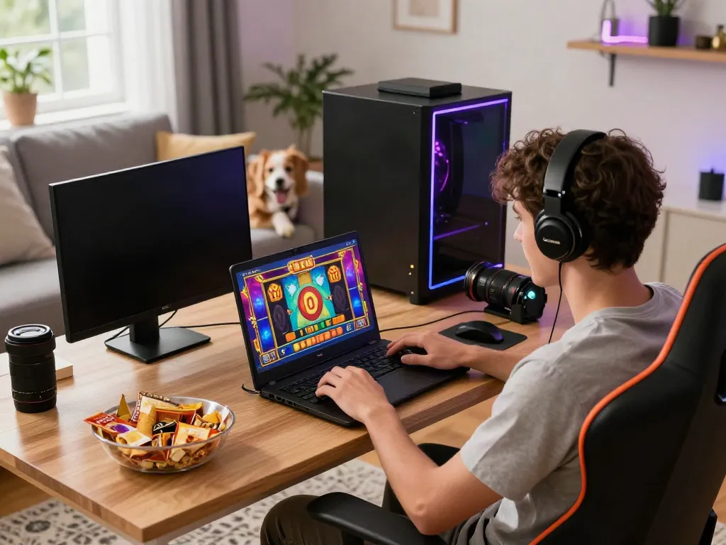 Excited user playing akunjp online slot game in cozy living room.