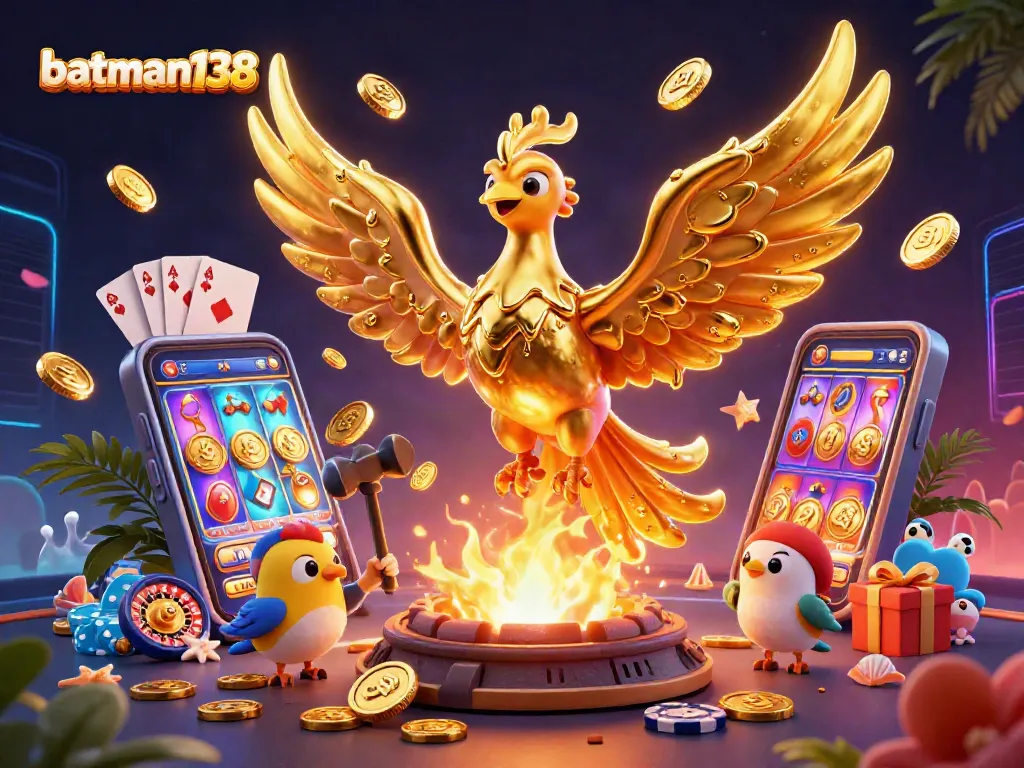 Experience thrilling gaming with batman138's spectacular phoenix rising, surrounded by vibrant casino elements.