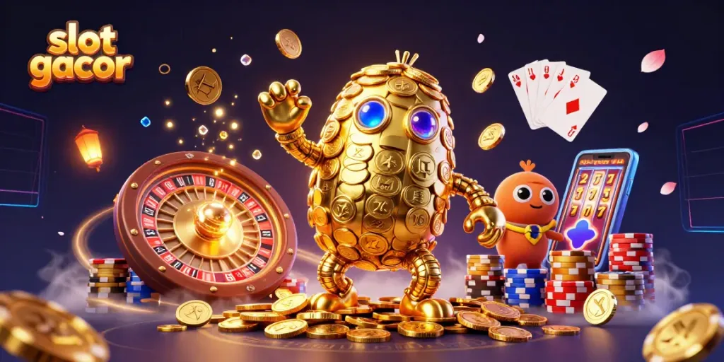 Slot gacor beraksi dengan golem emas di kasino, dikelilingi koin dan permainan slot yang bermandikan cahaya.
