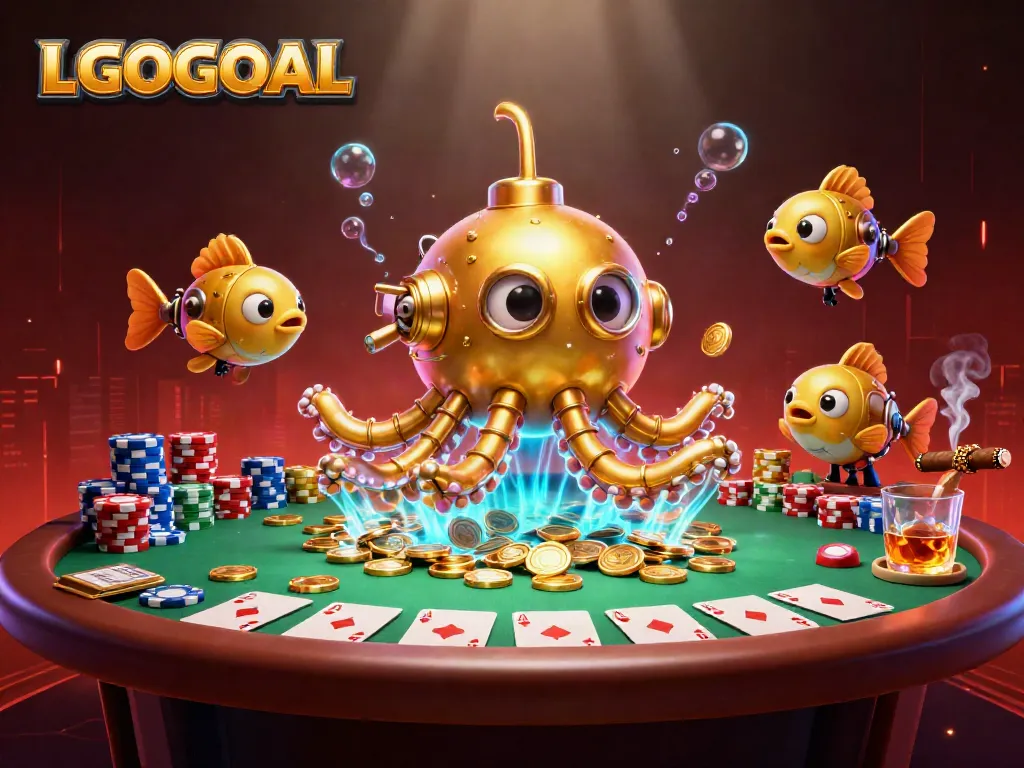 Win big with LGOGOAL in this vibrant 3D scene filled with poker elements and golden coins.