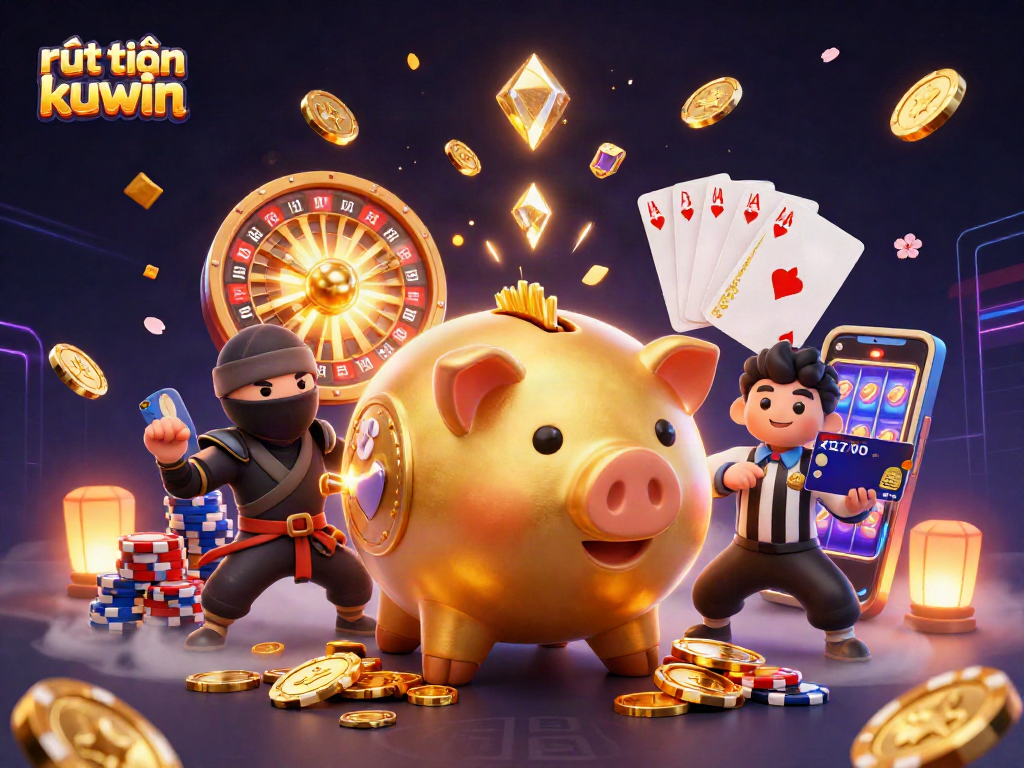 Engage with rút tiền kuwin through dynamic casino elements featuring a cartoon piggy bank, ninja, and samurai