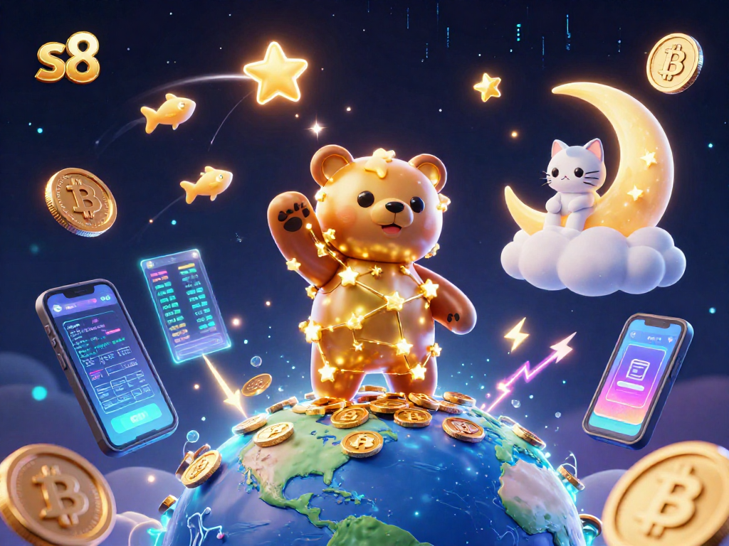 Engage with s8's vibrant online casino depicted through a stellar bear, coins, and crypto elements.