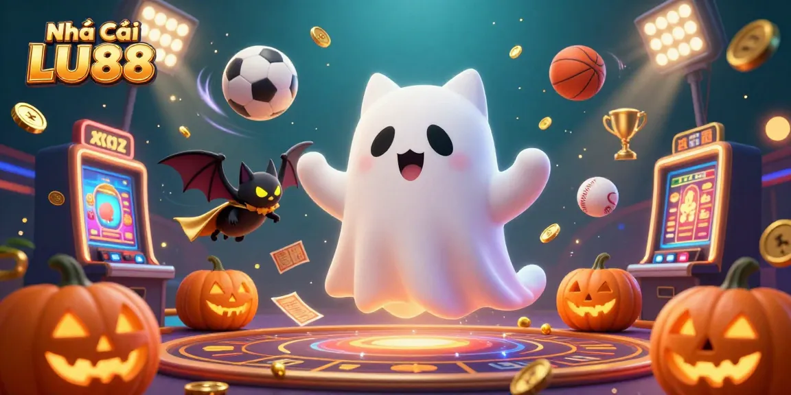 Engage with the vibrant gaming atmosphere at Nhà Cái LU88, featuring a friendly ghost cat and sports elements.