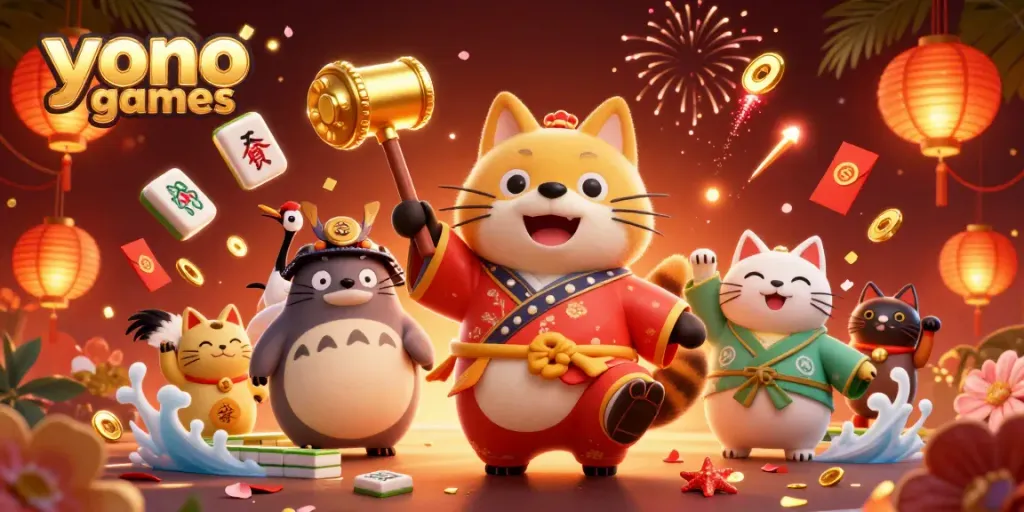 Experience the thrill of yono games with playful characters and vibrant elements in a dynamic 3D scene.