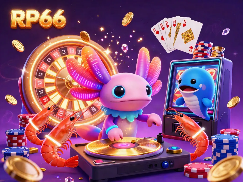 Experience the vibrant underwater world of RP66 with a neon-colored axolotl DJ and lively casino elements.