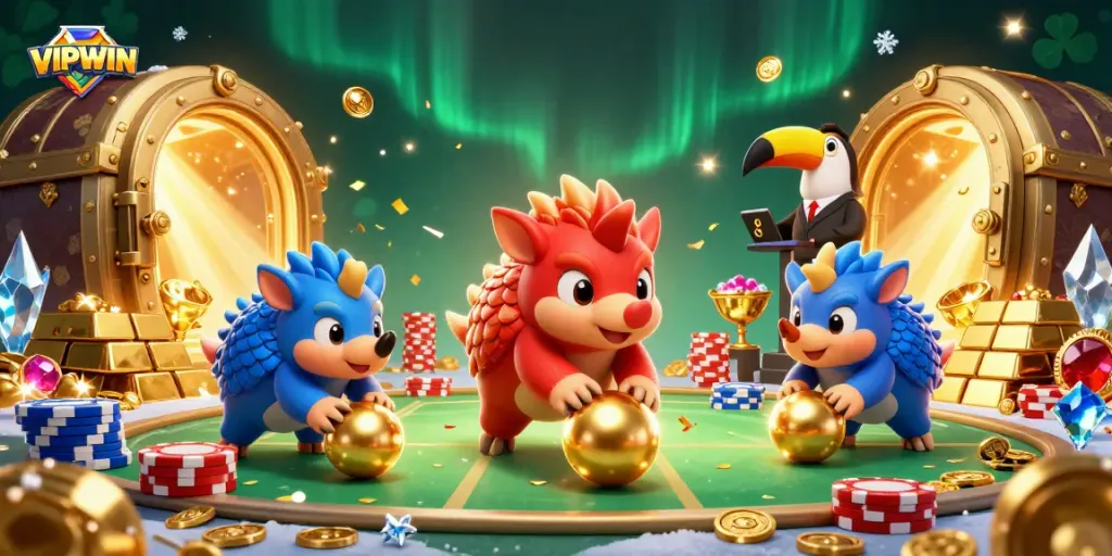 VIPWIN rivals compete and roll poker chips into golden treasure in an exciting casino scene.