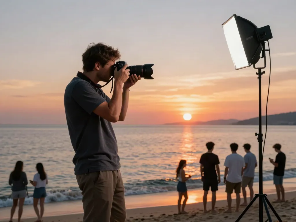 Seorang fotografer profesional di pulau77 mengabadikan momen indah saat matahari terbenam di pantai.