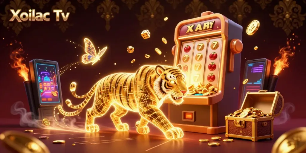 Xoilac Tv presents a vibrant 3D casino scene with a neon-wireframe golden tiger and a slot machine explosion.