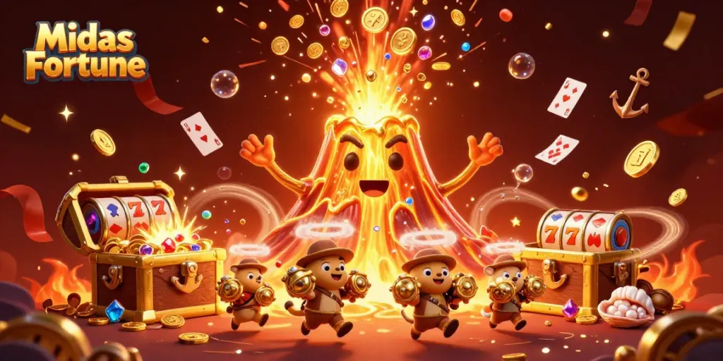 Midas Fortune slot game illustrates thrilling treasure moments with golden volcano and scattered joyous rewards