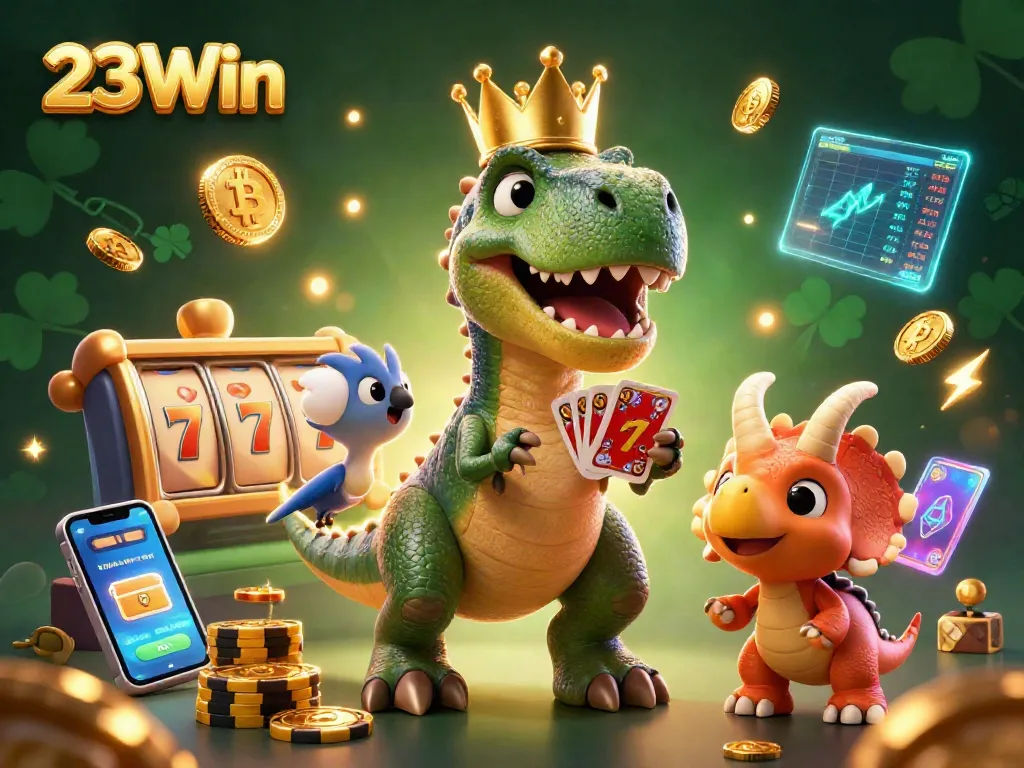Engage in thrilling gameplay with 23Win's vibrant casino scene featuring T-Rex card shuffling.