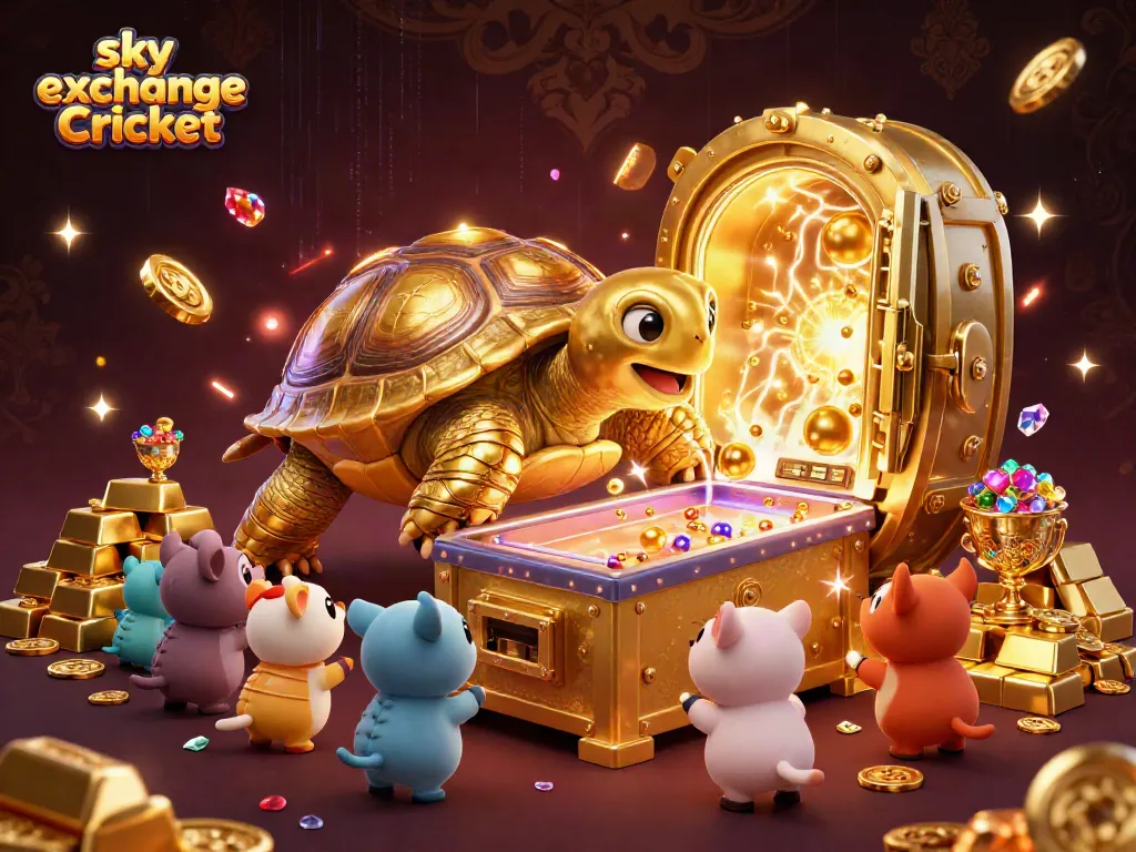 Enjoy thrilling sky exchange Cricket action with a fun-filled 3D casino illustration featuring a golden tortoise pinball machine.