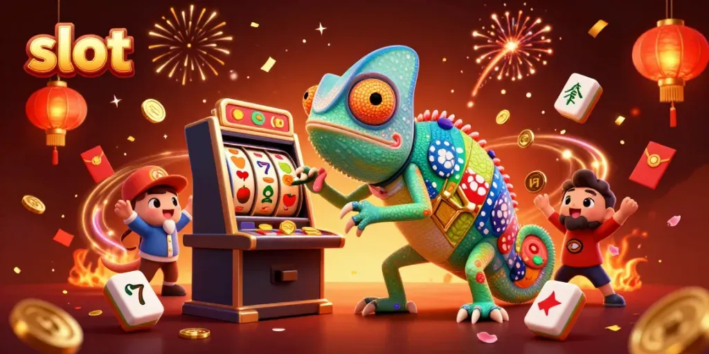 Slot memperlihatkan chameleon pemilik kasino yang mengumpulkan koin emas di tengah slot yang berputar.