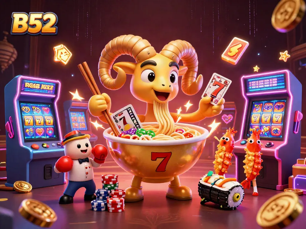 Engage in thrilling B52 casino action, featuring a giant ramen bowl character dealing cards amidst glowing arcade games.