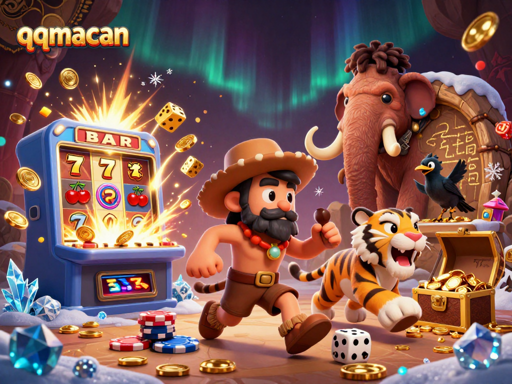 Engage with qqmacan in a vibrant prehistoric casino scene featuring a caveman and sabertooth duo.