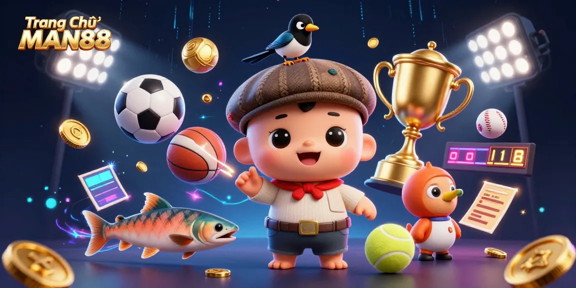 Join the excitement on Trang Chủ MAN88 with animated sports elements and playful characters in a vibrant casino scene.